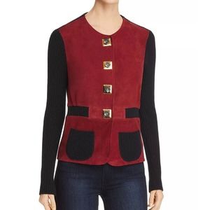 Tory Burch Cardigan Sz XL Katerina Mixed Media Goat Leather Wool Tory Navy $548